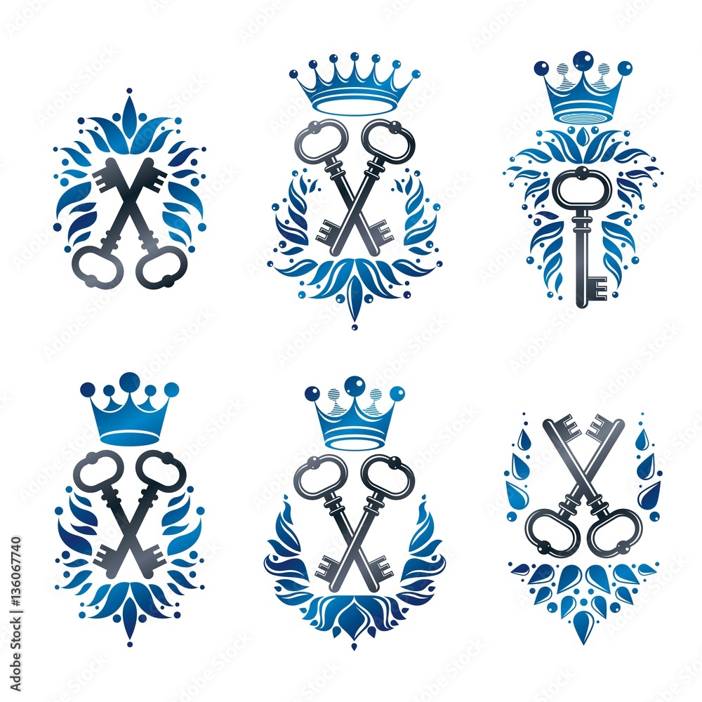 Ancient Keys emblems set. Heraldic Coat of Arms decorative logos