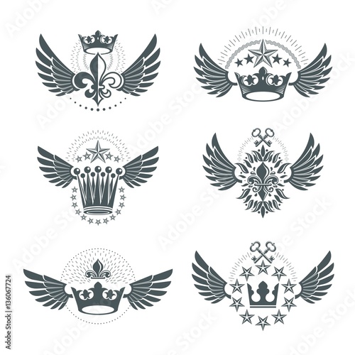 Imperial Crowns and Vintage Stars emblems set. Heraldic Coat of
