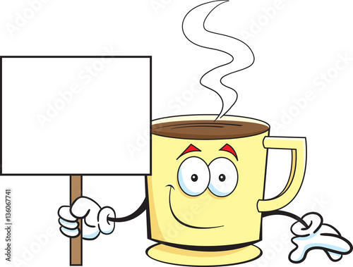 Cartoon illustration of a coffee cup holding a sign.