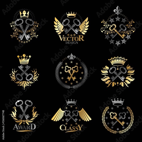 Ancient Keys emblems set. Heraldic Coat of Arms decorative logos