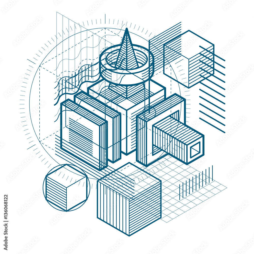 Abstract 3d shapes composition, vector isometric background. Com