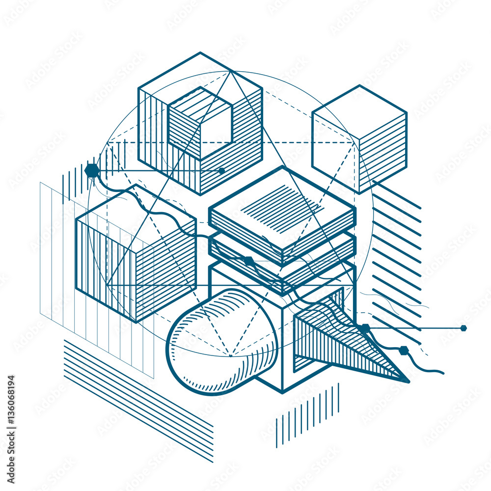 Abstract background with isometric elements, vector linear art w