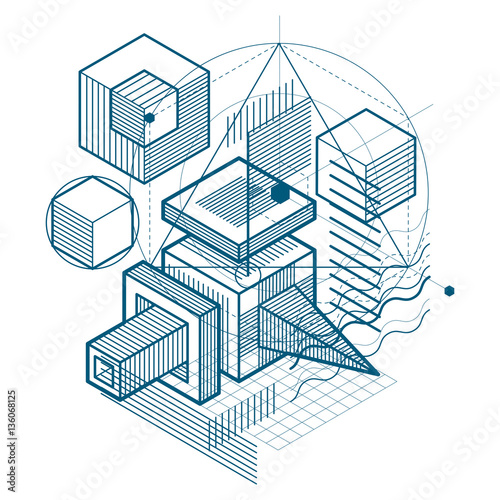 Lines and shapes abstract vector isometric 3d background. Layout