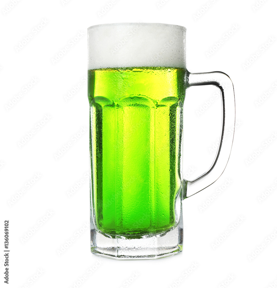 Mug with cold green beer on white background. Saint Patrick's Day concept Mug with cold green beer on white background. Saint Patrick's Day concept