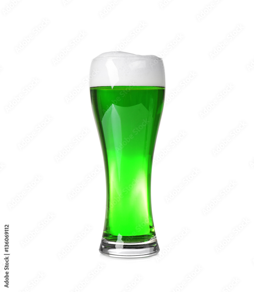 Glass with cold green beer on white background. Saint Patrick's Day concept Glass with cold green beer on white background. Saint Patrick's Day concept