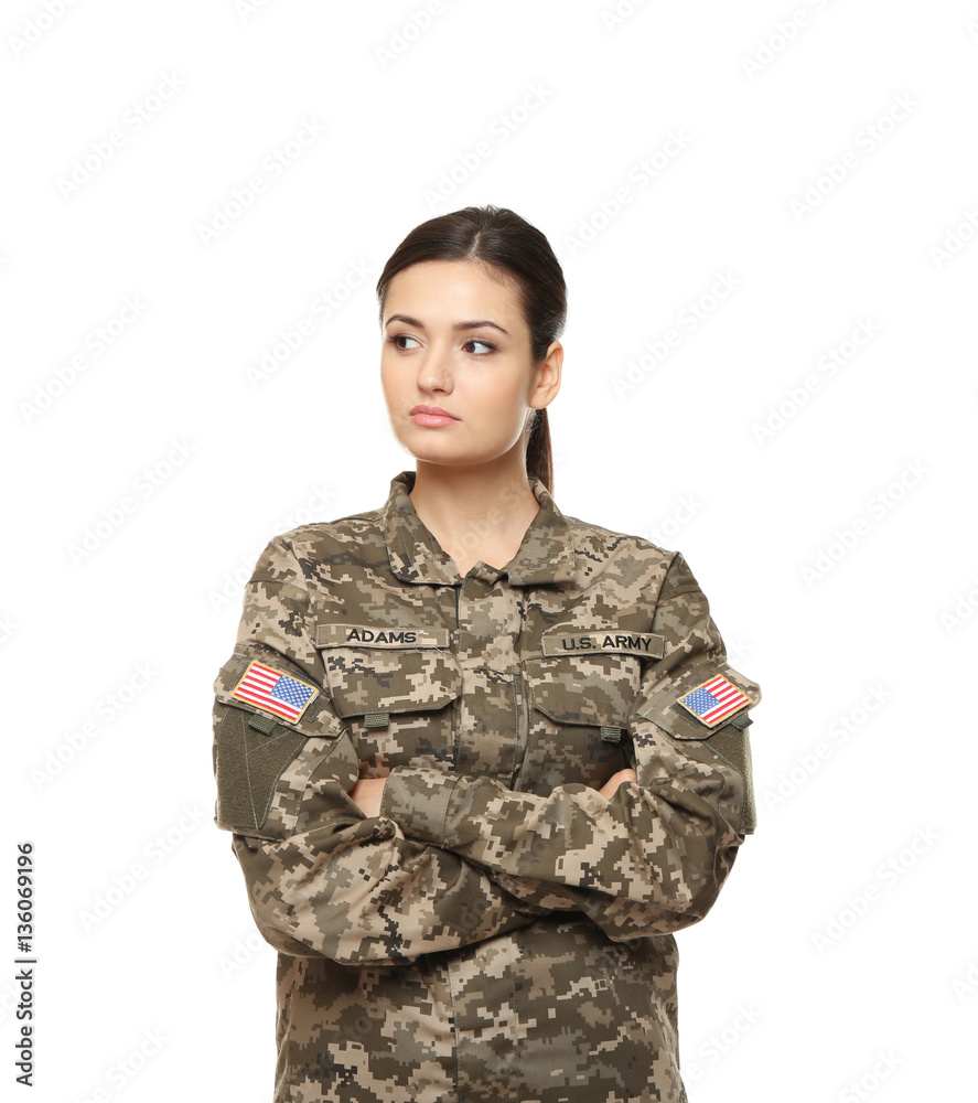 Pretty female soldier on white background Pretty female soldier on white background