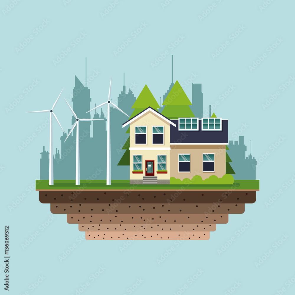modern house green energy wind turbine city background vector illustration