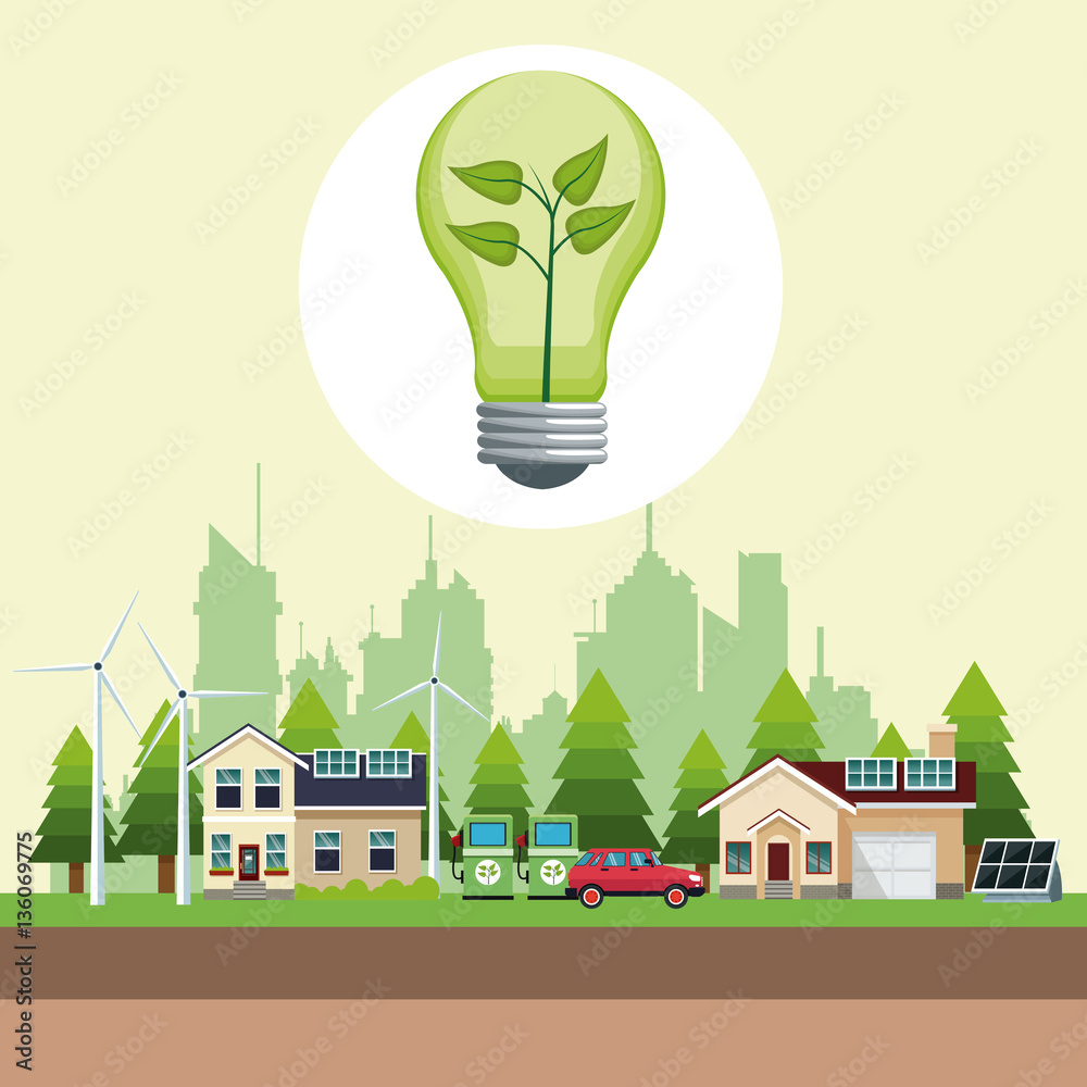 bulb ecology houses solar panel gasoline station and windmills urban vector illustration eps 10