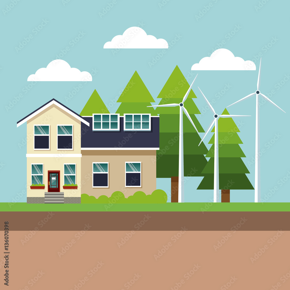 modern house green energy wind turbine vector illustration