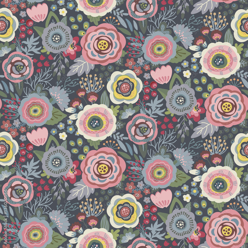 Fototapeta premium Vector seamless pattern with flowers, leaves, branches and berries