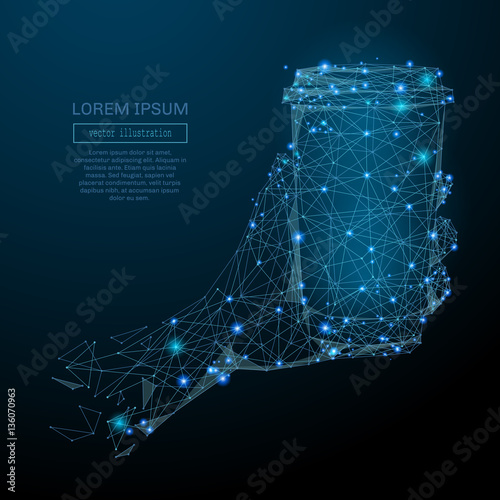 Abstract image of a hand holding coffee in the form of a starry sky or space, consisting of points, lines, and shapes in the form of planets, stars and the universe. Vector business wireframe concept.