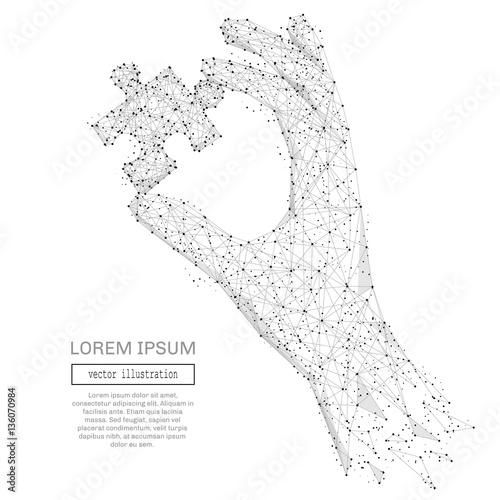 Abstract hand holding puzzle polygonal, geometry triangle. Light connection structure. Low poly vector background. Business concept