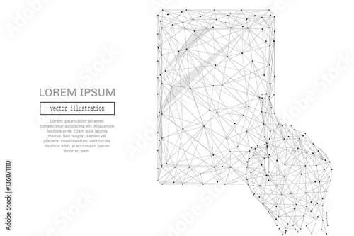 Abstract hand with tablet the high tower polygonal, geometry triangle. Light connection structure. Low poly vector background. Business concept