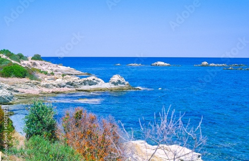 Fototapeta Naklejka Na Ścianę i Meble -  Felsen und Vegetation an einsamer Stelle im Golfe de Saint Florent, Mittelmeer, Korsika, Frankreich, Europa