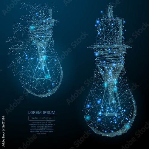 Abstract image of a lamp bulb in the form of a starry sky or space, consisting of points, lines, and shapes in the form of planets, stars and the universe. Vector business