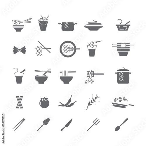 Black icons with dishes of noodles.