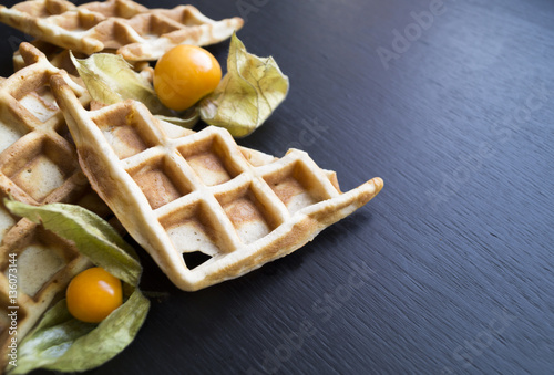 waffles and physalis on a black background, blank space on the r