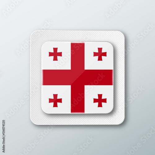 Square button with the national flag of Georgia with the reflection of light. Icon with the main symbol of the country.