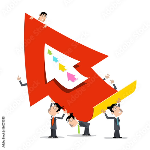 Business Men Holding Big Red Paper Arrow