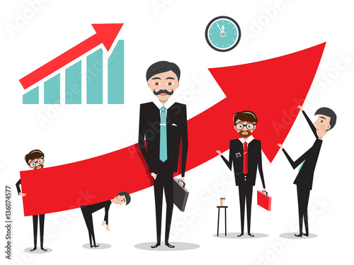 Big Red Arrow with Businessmen. Success Graph Vector Illustration Isolated on White Background.