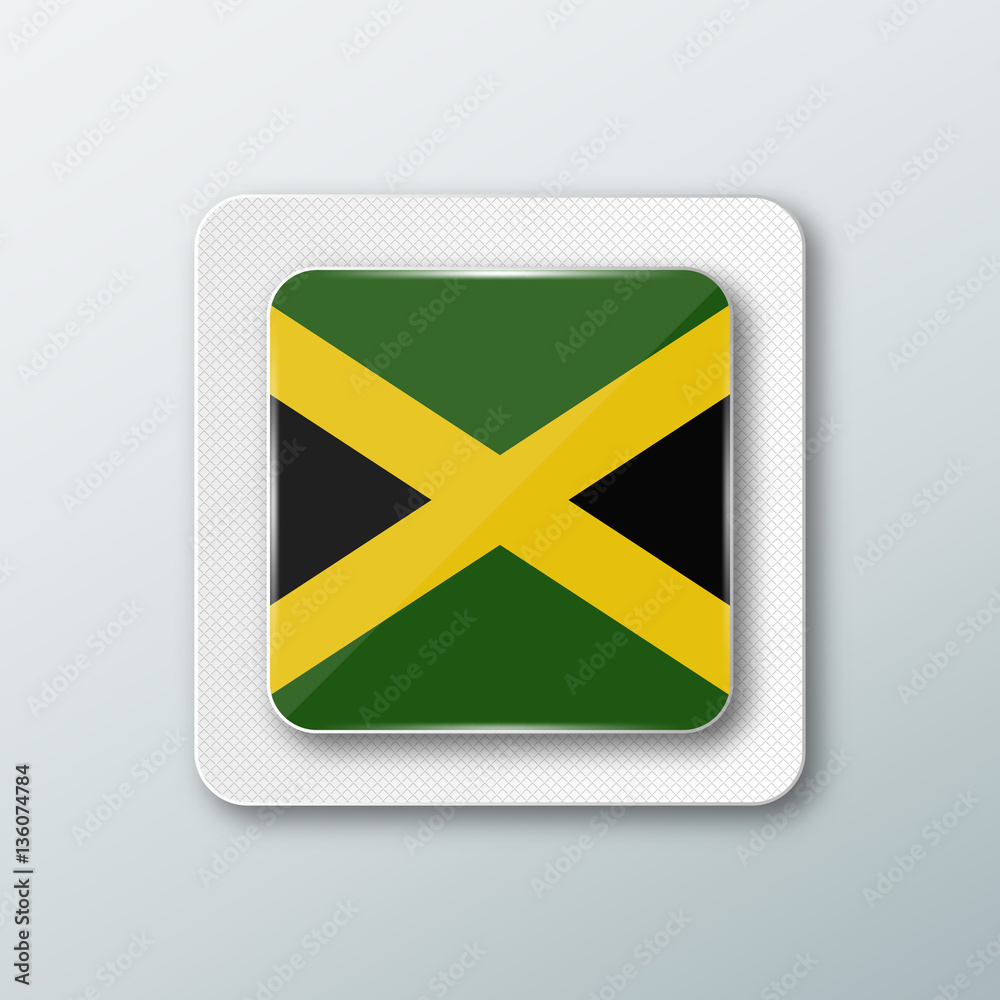 Square button with the national flag of Jamaica with the reflection of light. Icon with the main symbol of the country. Square button with the national flag of Jamaica with the reflection of light. Icon with the main symbol of the country.