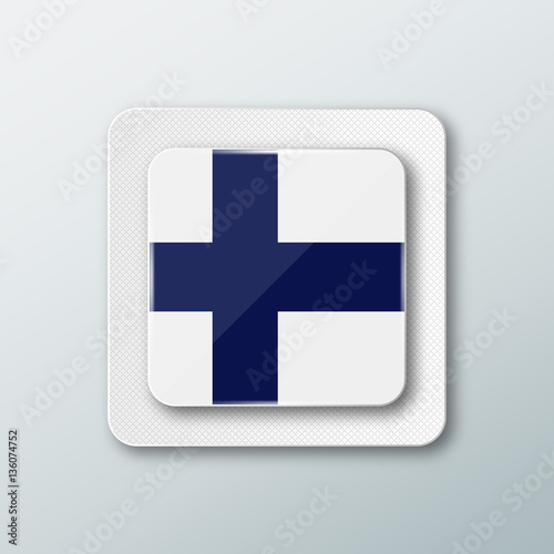Square button with the national flag of Finland with the reflection of light. Icon with the main symbol of the country.