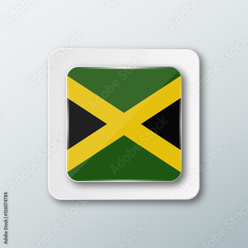 Square button with the national flag of Jamaica with the reflection of light. Icon with the main symbol of the country.
