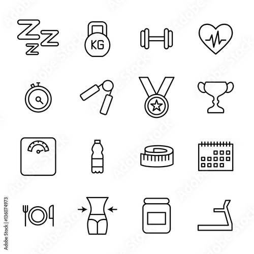 Set of fitness icons in modern thin line style.