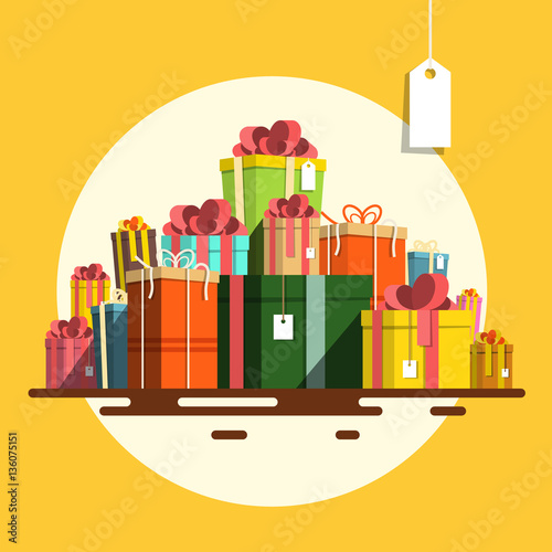 Gift Box. Vector Flat Design Present Boxes Heap on Retro Yellow Background.