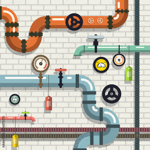 Pipeline. Vector Flat Design Plumbing. Pipes on Brick Wall.