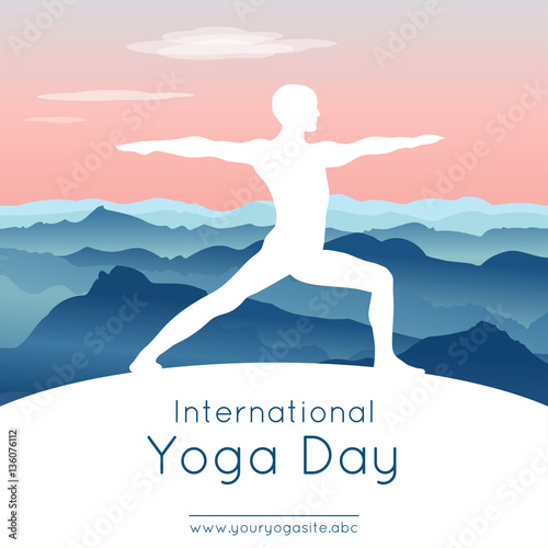 Vector illustration with yogi in yoga pose on an mountains landscape background for use as template of poster for International Yoga Day, 21st June.