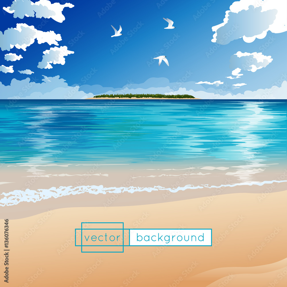 Vector landscape with ocean, tropical island, flying birds, clouds and sandy coast in the sunny summer day in gradient colors for use as a template of banner, backdrop, poster or splash screen.
