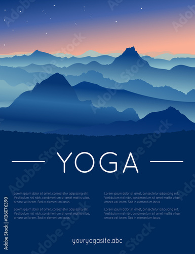 Fototapeta Naklejka Na Ścianę i Meble -  Vector yoga illustration with mountains landscape, sunrise and sample text in blue colors for use as a template of banner, backdrop or poster for 21st June, International Yoga Day.