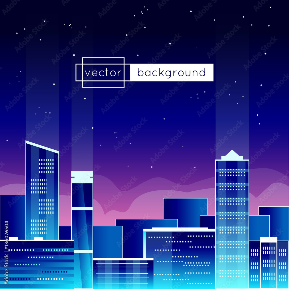 Vector illustration with view of a big city at the evening and sample text, in blue colors for use as a template of banner, backdrop, poster, screen saver or splash screen.