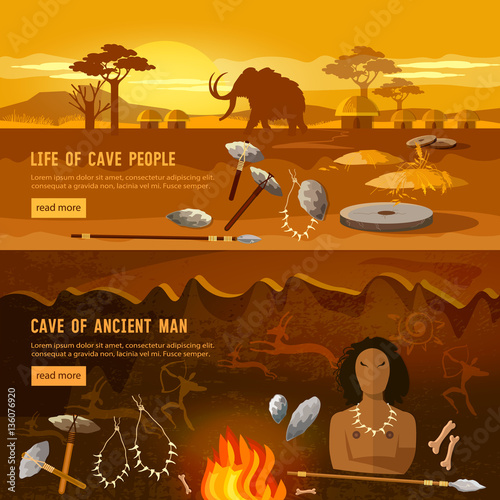 Stone age banner. Neanderthal man in a cave, hunting for mammoth