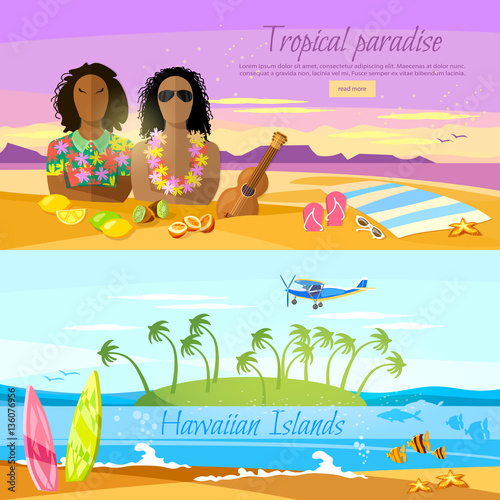 Tropical beach banner, paradise island. Travel to Hawaii