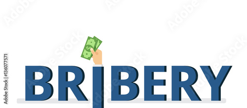 Hand puts bribe. Corruption concept illustration with bribery inscription.