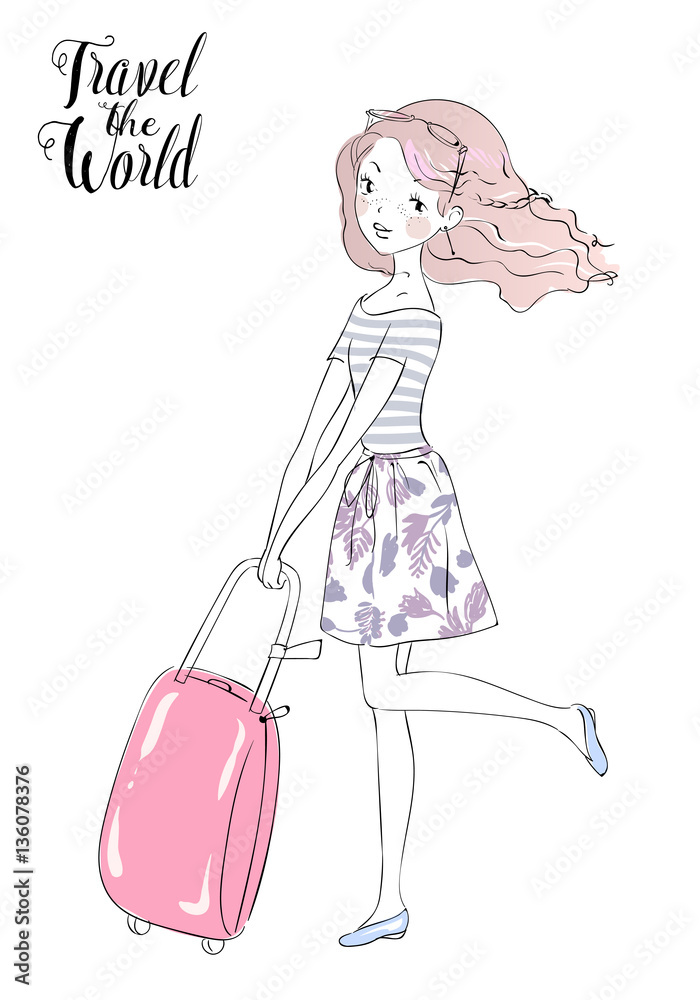 Fashion Girl travels the World. Vector Illustration for books, T-shirts, gifts, cards. Fashion Girl travels the World. Vector Illustration for books, T-shirts, gifts, cards.