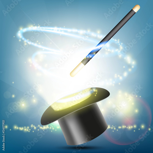 Magic wand and hat on a bright background. Focus and illusion. S