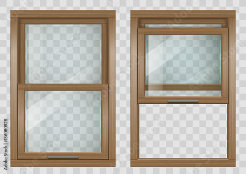 Wooden rectangular lifting Sliding window with clear glass. Vector graphics