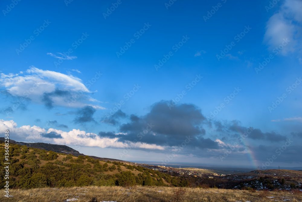 Mountain landscape, beautiful blue sky background, rainbow Mountain landscape, beautiful blue sky background, rainbow