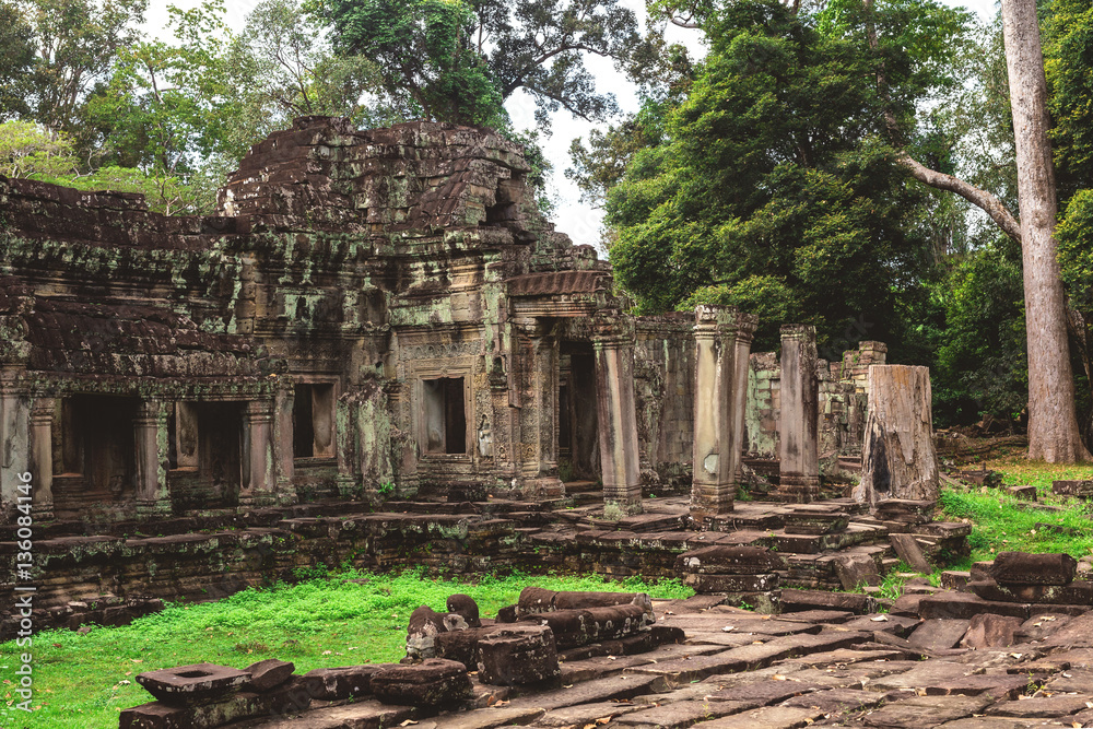 Fototapeta premium Wieża, ogromne drzewa i galerie w świątyni Preah Khan