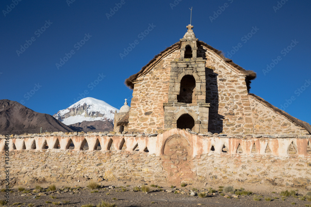 old church in Sajama National Park, Bolivia. The Sajama National Park is a national park located in the Oruro Department, Bolivia. It borders Lauca National Park in Chile. 