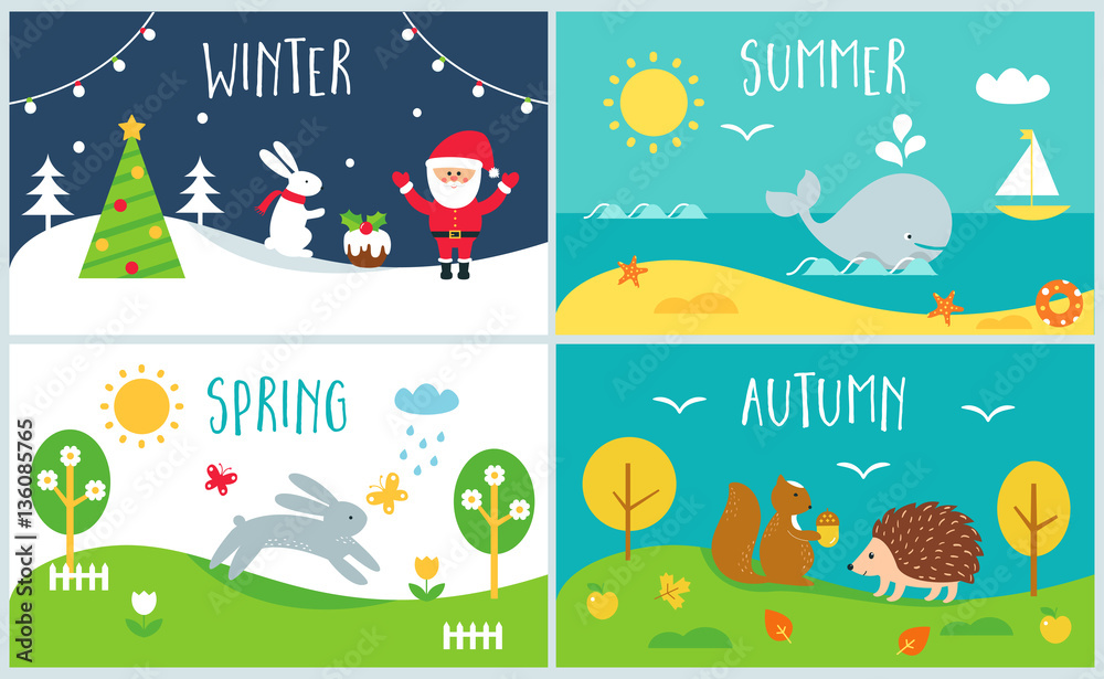 Seasons of the Year Cards. Winter, Spring, Summer, Autumn Stock Vector