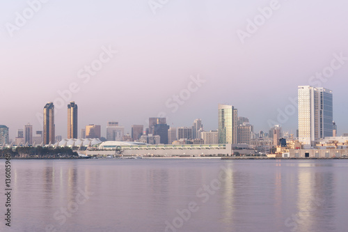 Modern San Diego skyline across the bay at dusk  California  