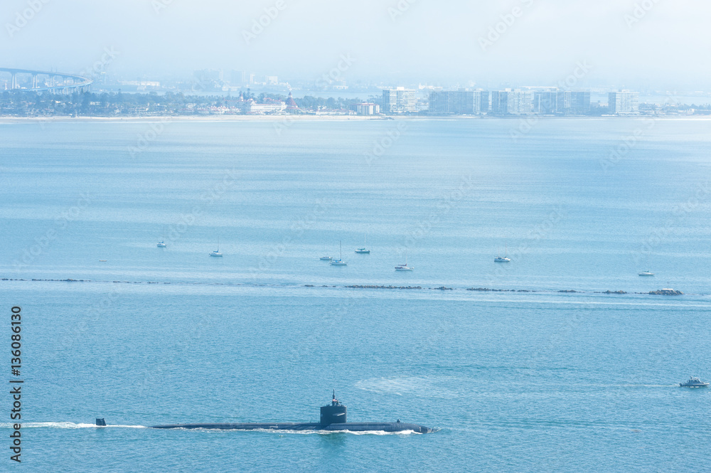 Fototapeta premium American submarine leaving naval base in San Diego harbor, California 