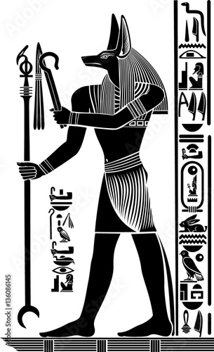 .Stylized drawing of the ancient Egyptian God Anubis. Made in the style of ancient Egyptian reliefs.