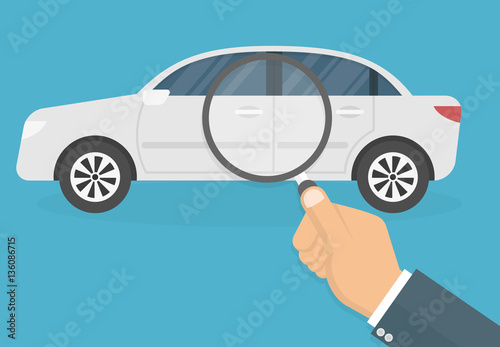 Car diagnostic concept. Hand with magnifying glass inspecting a car. Flat style
