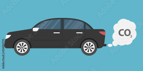 Car emits carbon dioxide. flat style