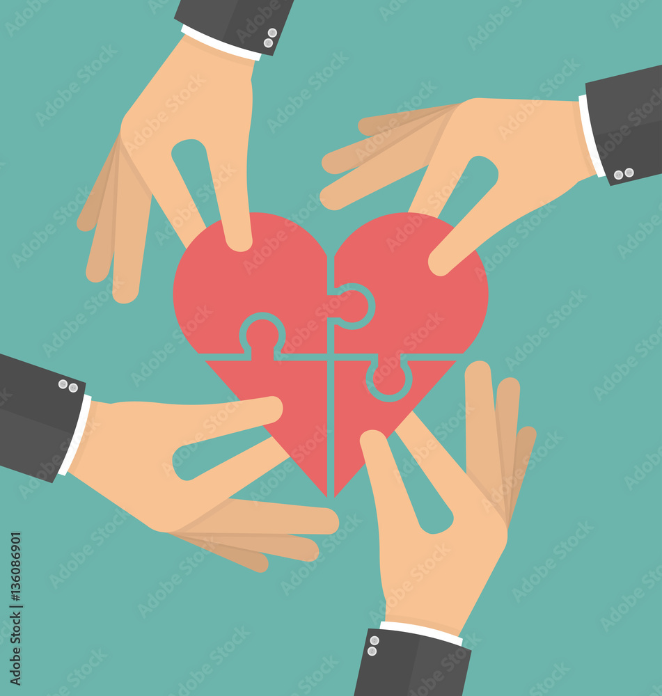 Hands putting heart puzzle pieces together. Charity and teamwork concept. Flat design Hands putting heart puzzle pieces together. Charity and teamwork concept. Flat design